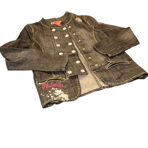 Akademiks Logo Jean Painted Jacket “A” Sz 14, pink embroidered, rose, sparkle - Picture 8 of 11